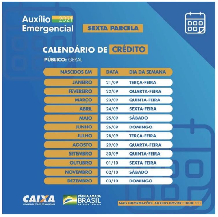 Caixa/Divulgação Calendário de pagamento da sexta parcela do auxílio emergencial